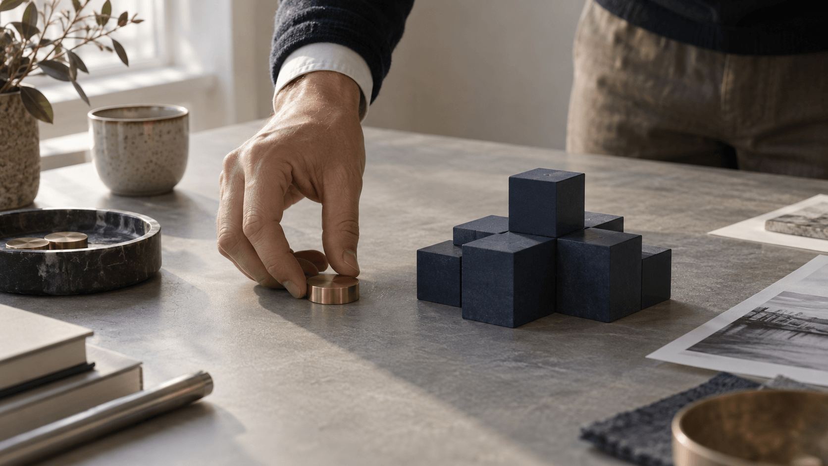 AI-generated illustration of a hand placing a brass token beside a completed arrangement of midnight-blue blocks, representing human approval.
