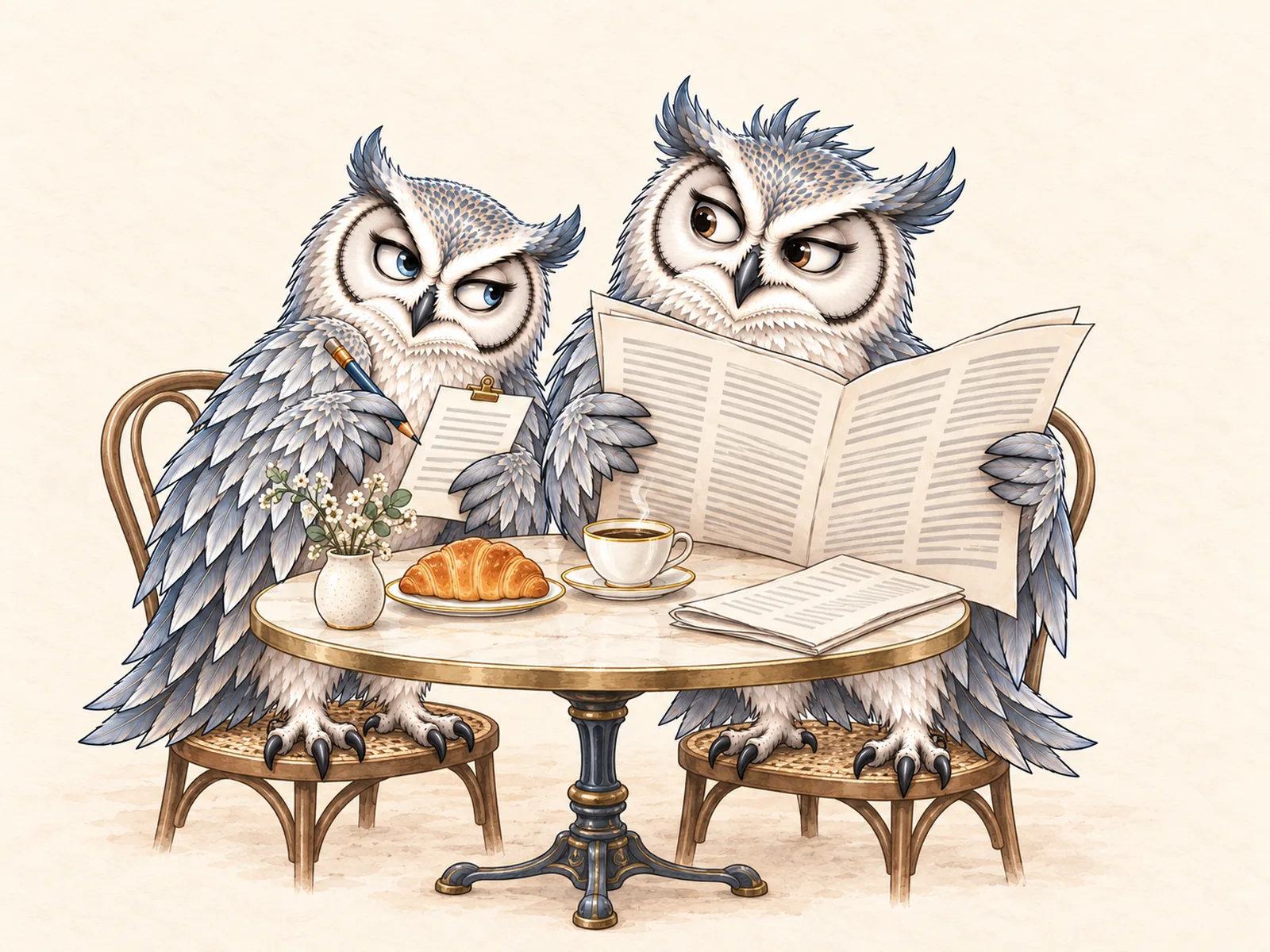 Illustration of the two Silver Owl mascots reading the morning paper together at a breakfast table.
