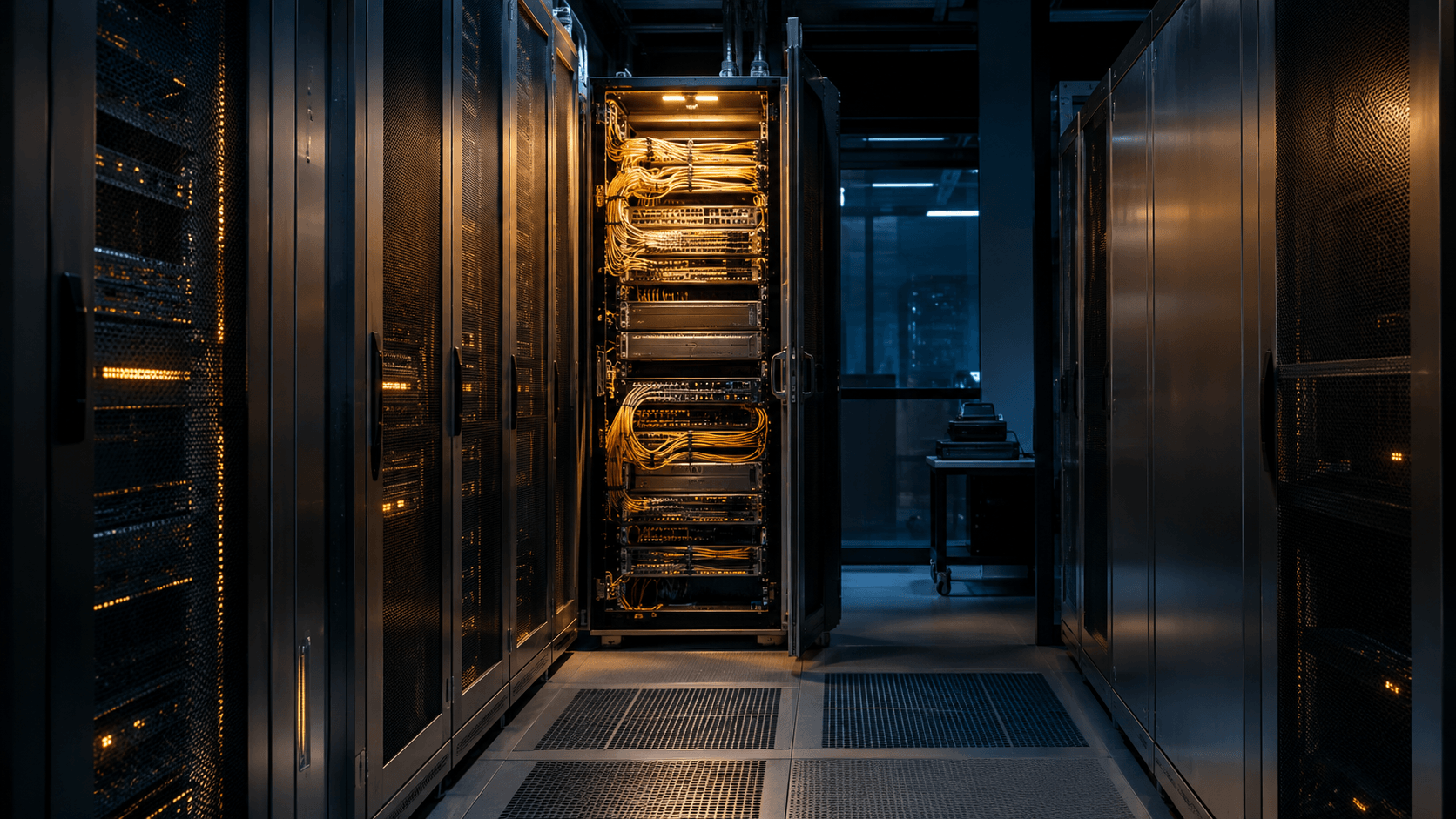 AI-generated concept of a server-room aisle with midnight-blue racks, orderly cables and warm amber service lighting.