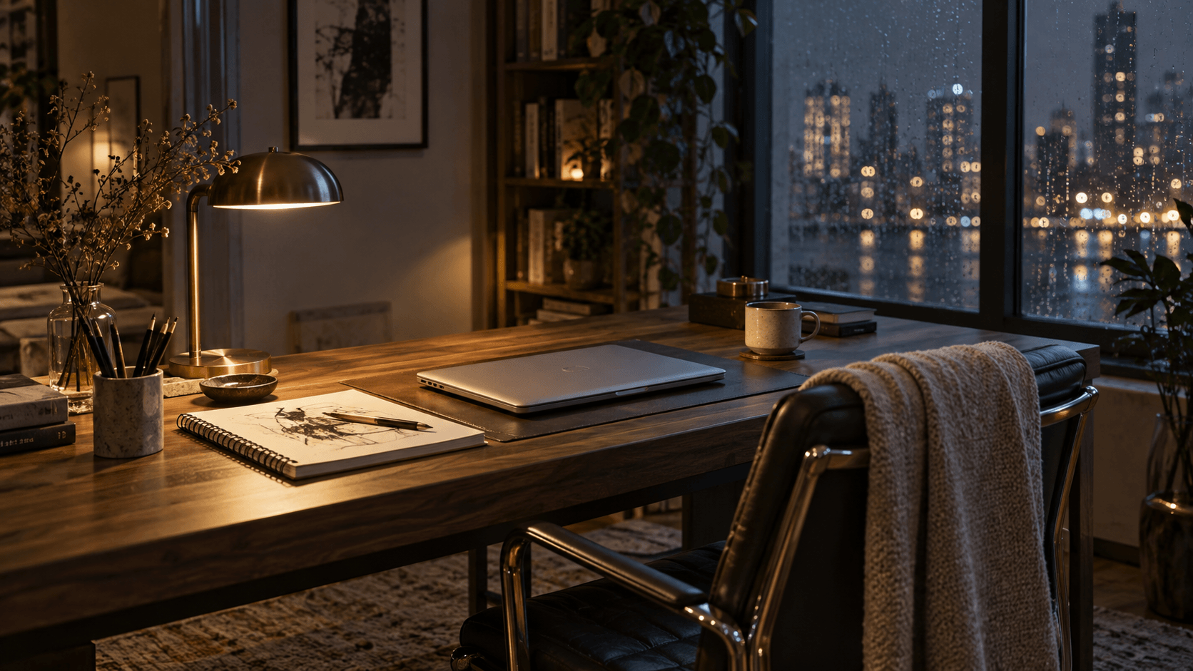 AI-generated illustration of a quiet workspace after hours, with a closed silver laptop, sketchbook and warm lamp beside a rain-streaked city window.