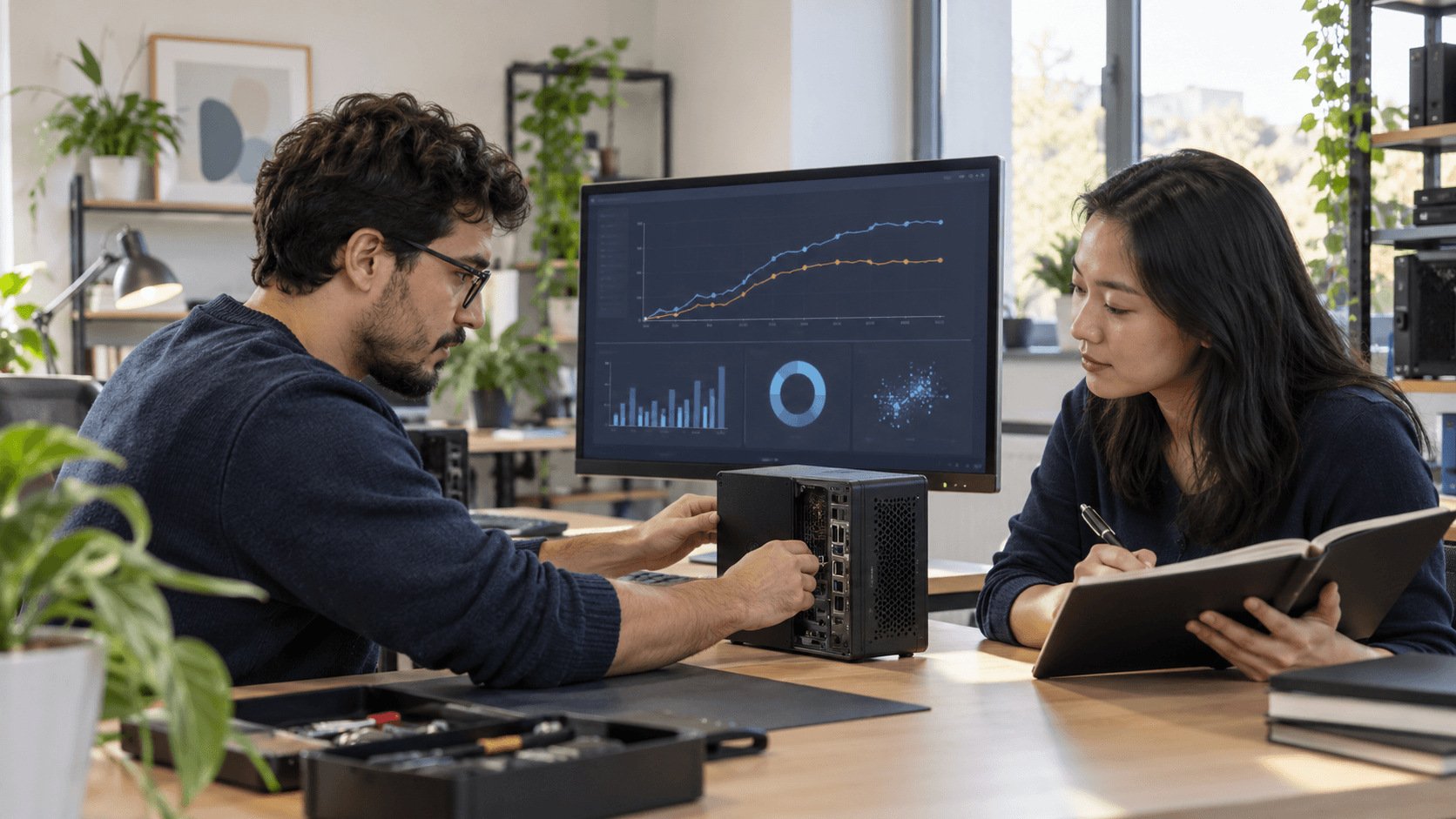 Home Ai Two engineers testing a compact local AI workstation together.
