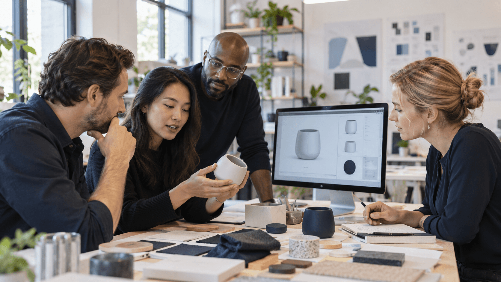 Home Business Business colleagues reviewing a physical product prototype and its digital design.