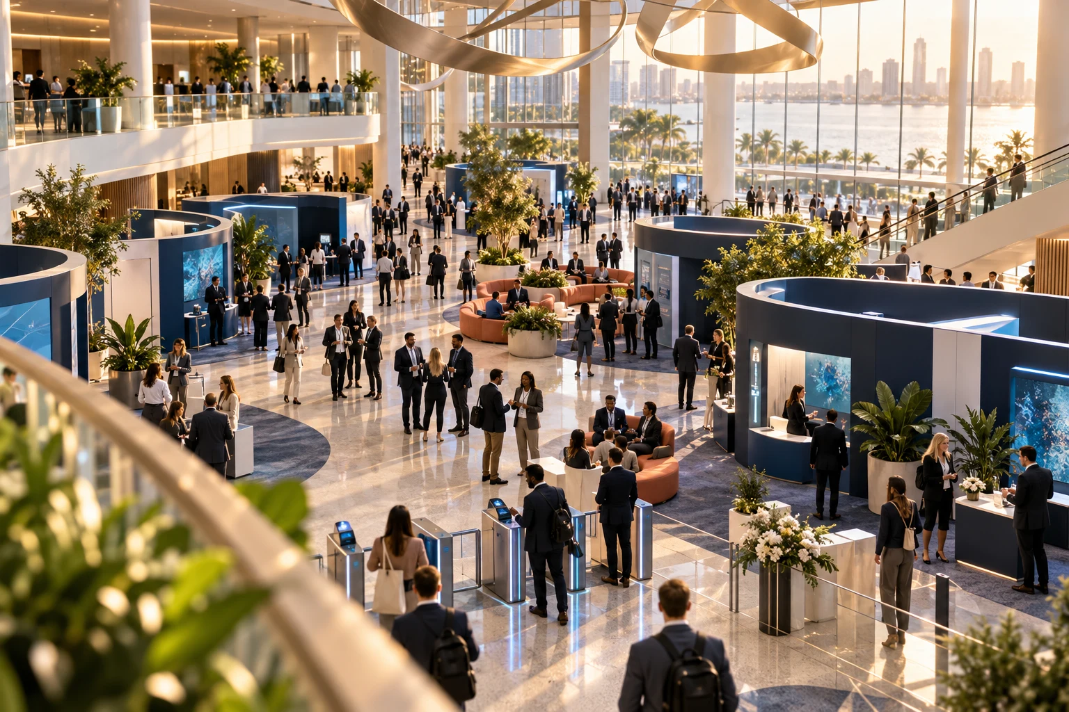 Concept illustration of visitors and exhibitors meeting in a bright, busy conference venue.